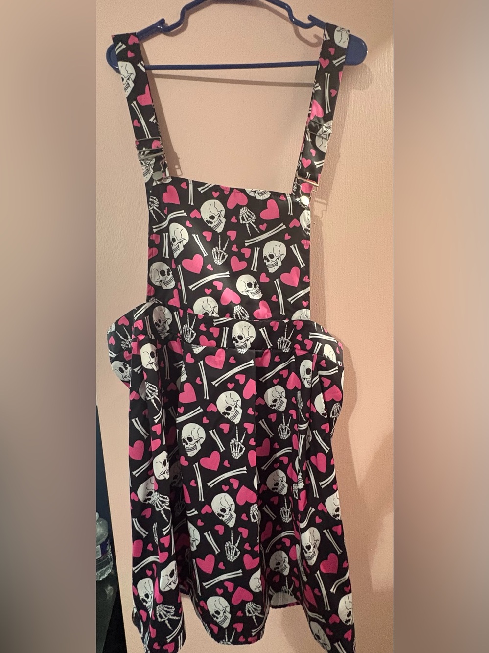SHEIN Black Skater Pinafore Dress with Pink Hearts & White Skulls